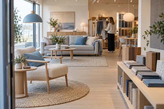 En ryddig møbelutstilling med sofa, lenestol, sidebord, lampe og prøver av tekstiler og tre