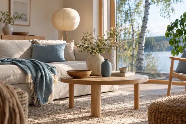 Rolig skandinavisk stue med ullpledd, keramikk og lampe i ettermiddagslys