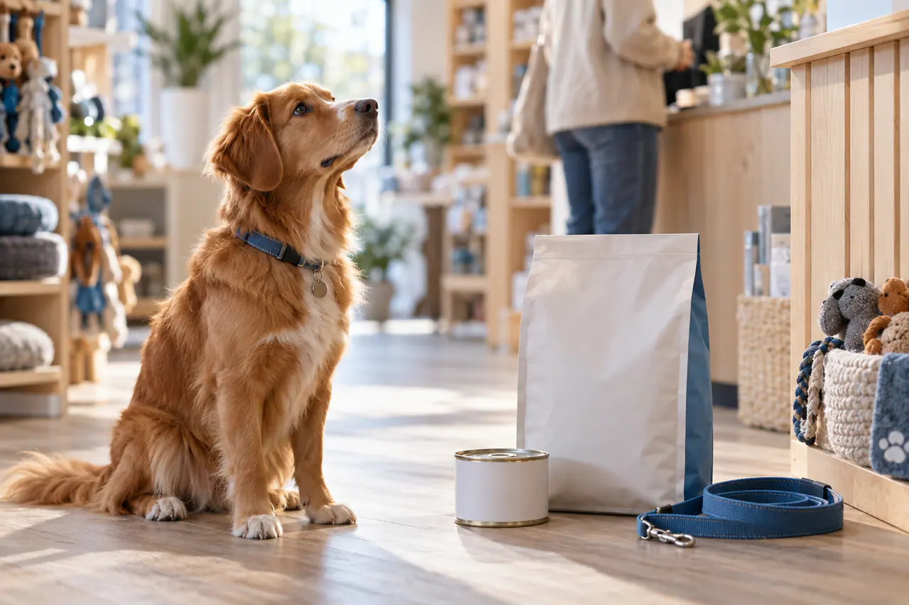 En hund venter ved siden av hundemat, en fôrboks og et kobbel i en dyrebutikk