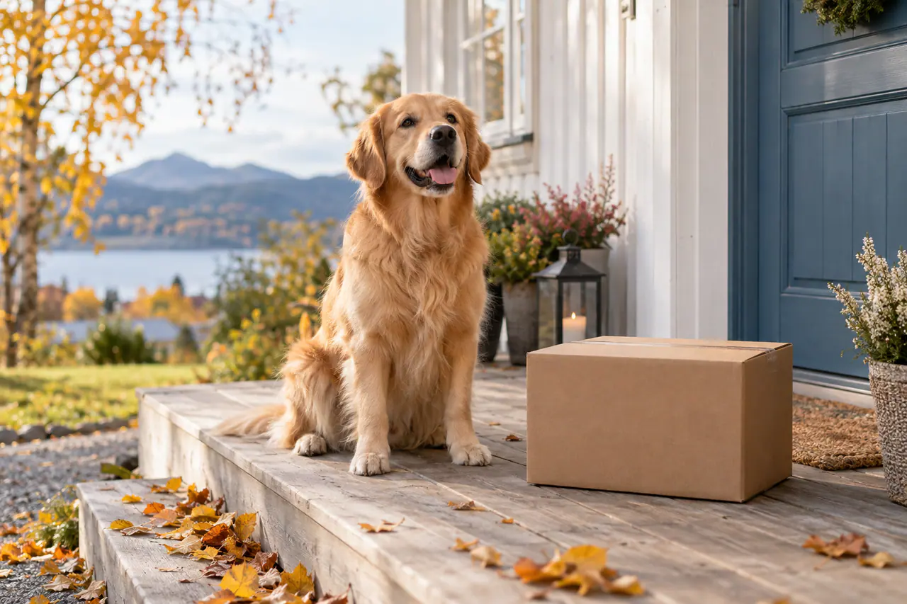 Glad golden retriever ved siden av en levert pakke på en trapp